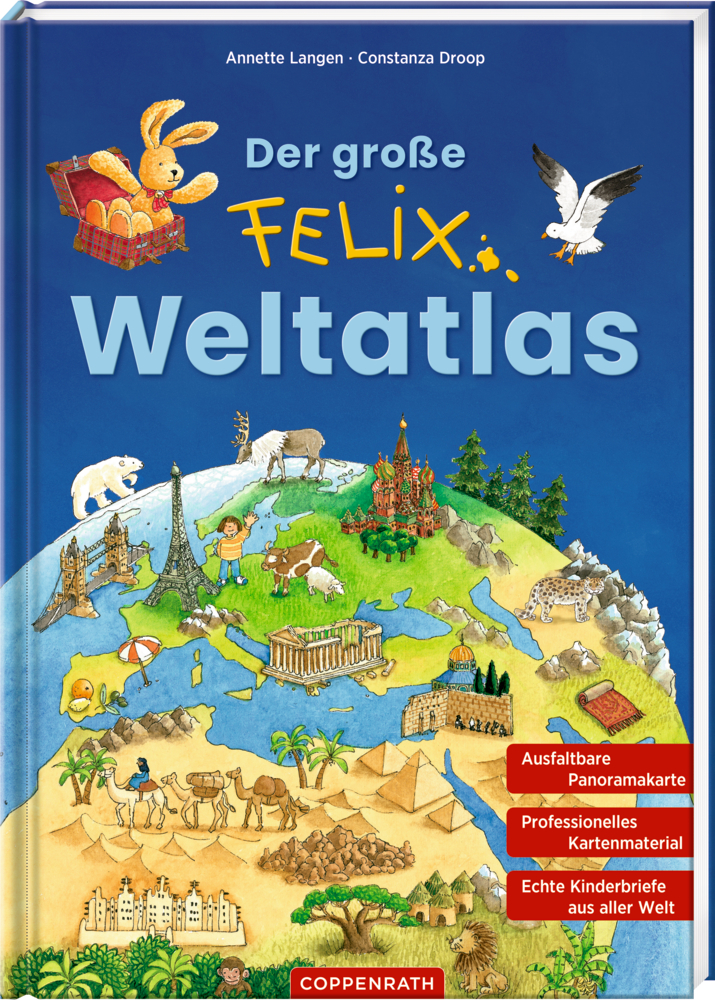 Farbiges Atlas-Cover mit gezeichnetem Hasen und Sehenswürdigkeiten auf der Erdkugel.