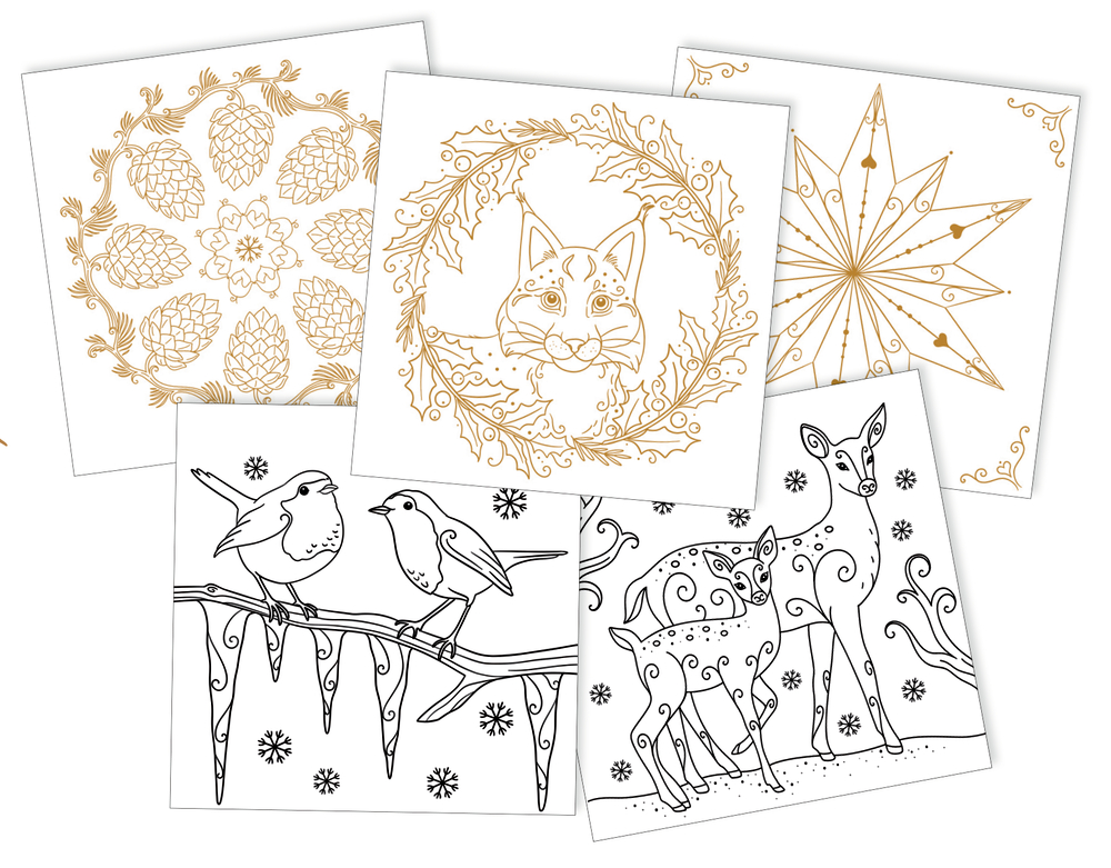 Set mit 5 illustrierten Karten mit Naturmotiven: Vögel, Rehe, Eiskristalle, Fuchs und Stern.