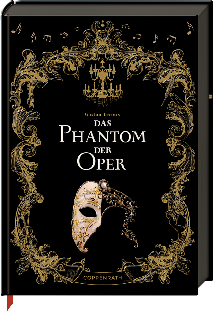 Schwarzes Buchcover mit goldenen Verzierungen, Maske, Kronleuchter und Text Das Phantom der Oper in Weiß.