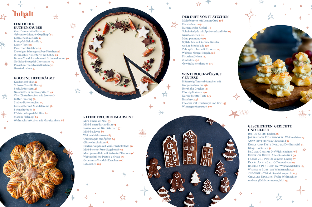 Inhaltsverzeichnis mit schönen Gebäckfotos: Käsekuchen, Windbeutel, geflochtenes Brot und verzierte Lebkuchen.