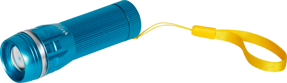 Nachtsicht-Taschenlampe - Nature Zoom Blaue Taschenlampe mit gelbem Armband am Ende, vor weißem Hintergrund.