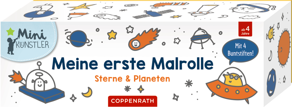Meine 1. Malrolle - Sterne & Planeten (Mini-Künstler) Box mit Cartoon-Sternen, Raketen, Planeten und Text: „Meine erste Malrolle: Sterne & Planeten“ auf Deutsch.