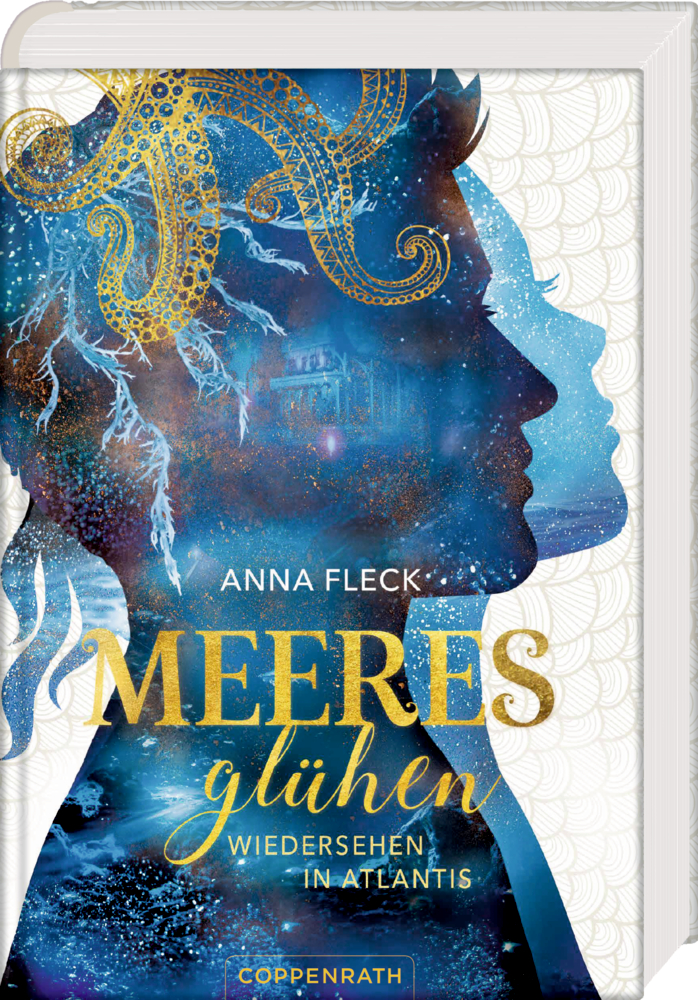 Meeresglühen (Bd.2) - Wiedersehen in Atlantis Buchcover: Meeresglühen – Wiedersehen in Atlantis mit Ozeanmotiven und zwei sich überlappenden Gesichtern.