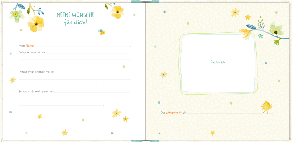 Doppelseitige Innenansicht eines Baby-Erinnerungsbuchs mit Blumendekor, Küken und Platz für Wünsche und Zeichnungen.