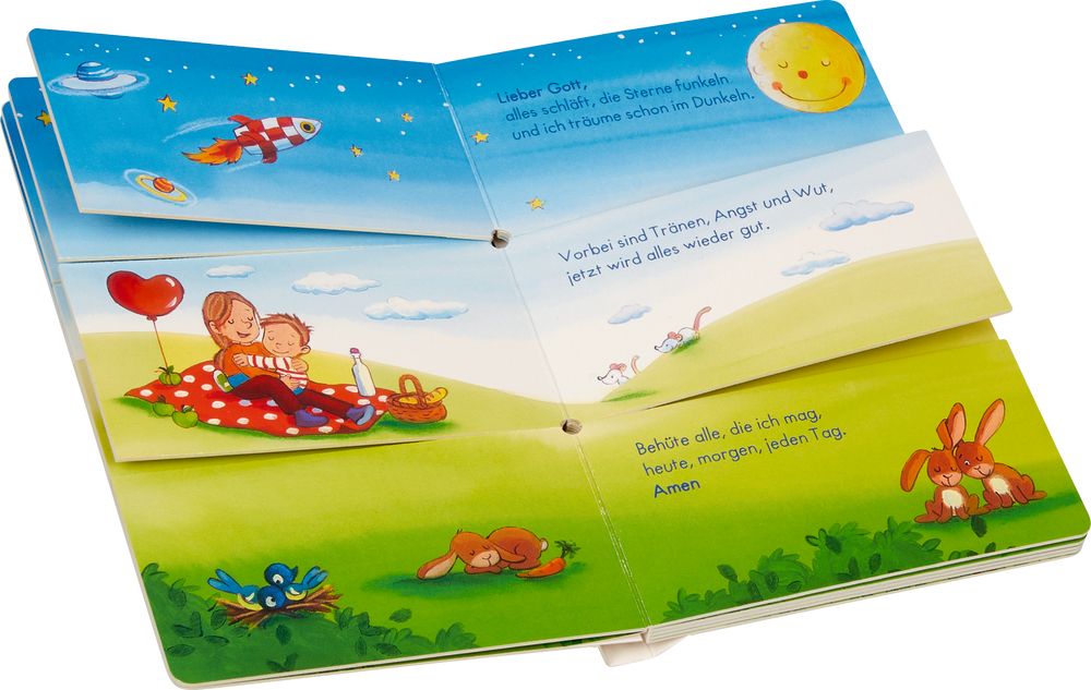 Kinderbuch mit Klappen und bunten Illustrationen von Kindern, Tieren und Picknick, Text und Nachthimmel.