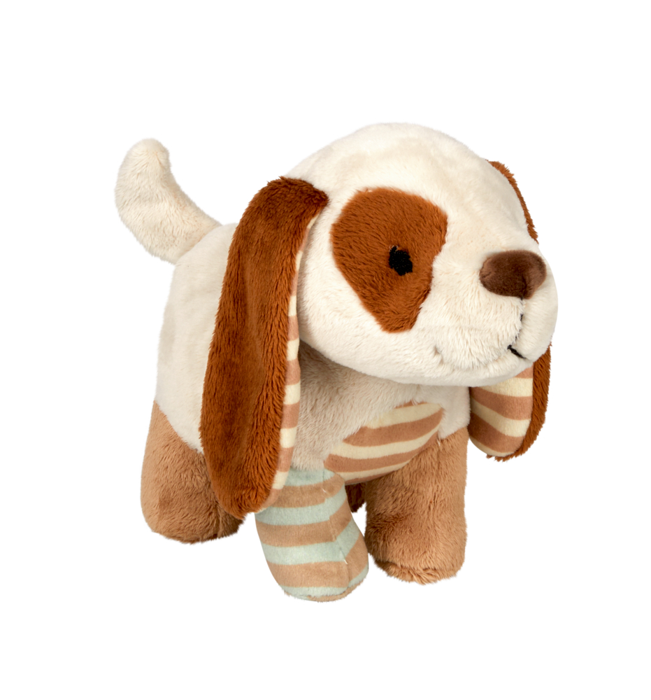 Liebling-Hündchen (J. Tourlonias) Plüschhund mit braunen Flecken, gestreiften Ohren und aufgestelltem Schwanz, leicht nach rechts gerichtet.