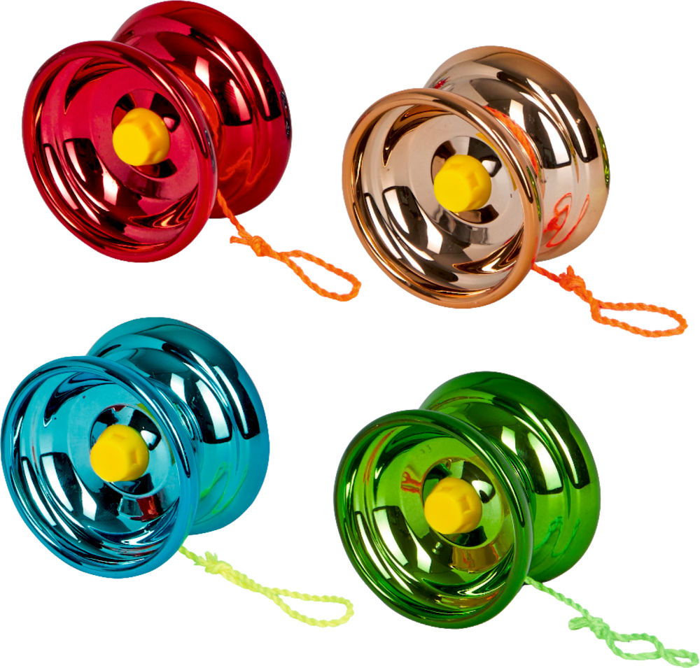 Vier glänzende Yo-Yos in Rot, Gold, Blau und Grün, jeweils mit gelber Nabe und befestigter Schnur.