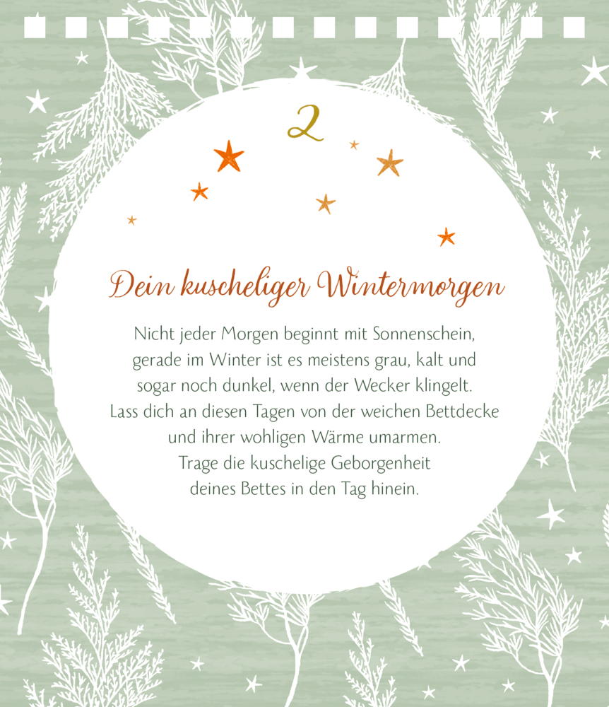2. Seite aus einem Adventskalender mit Sternmotiven und dem Text über gemütlichen Wintermorgen auf grünem Grund mit weißen Zweigen.