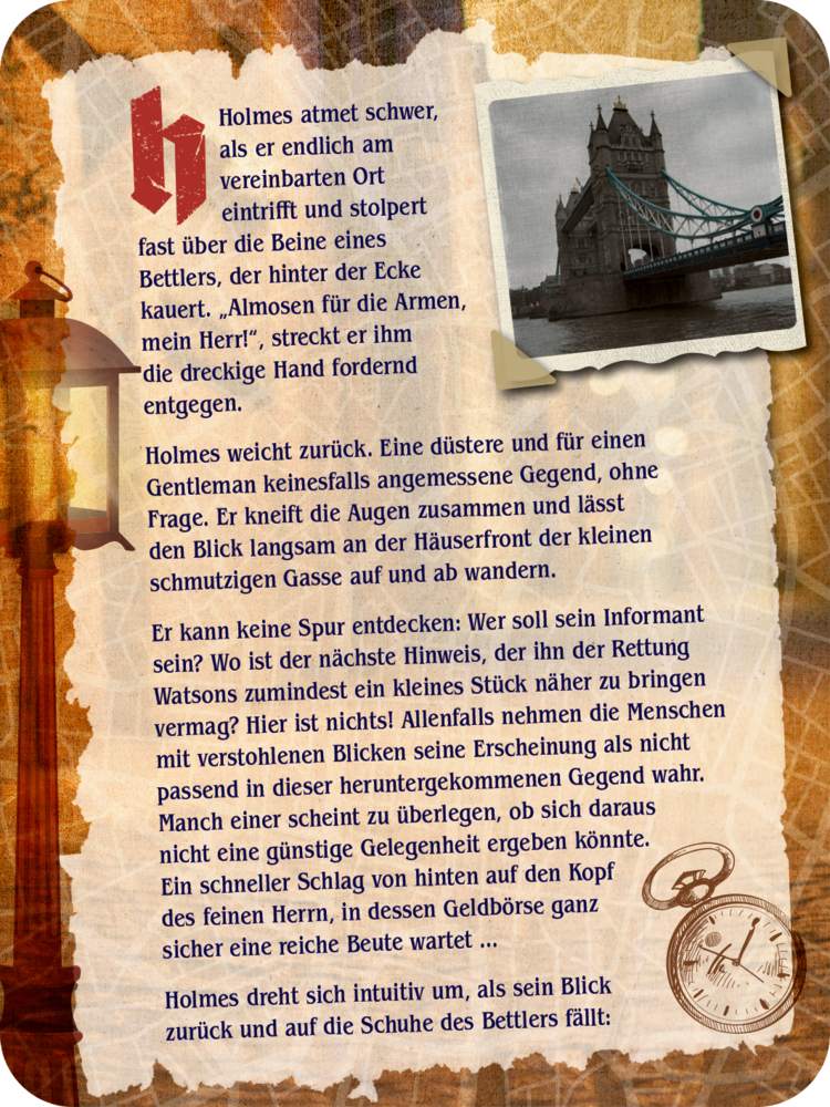 Geschichtentext, Foto der London Tower Bridge und Lupenillustration auf Vintage-Papierhintergrund.
