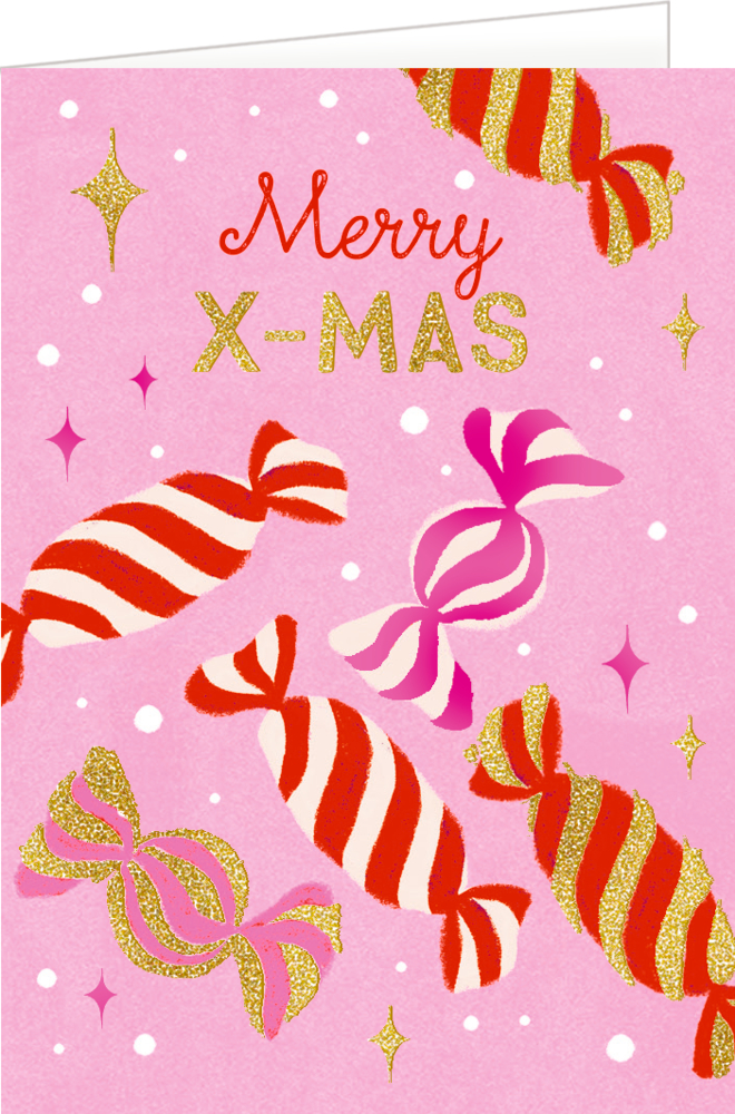 Rosa Karte mit Schriftzug „Merry X-Mas“ und gezeichneten rot-weiß, pink-weiß und gold gestreiften Bonbons.