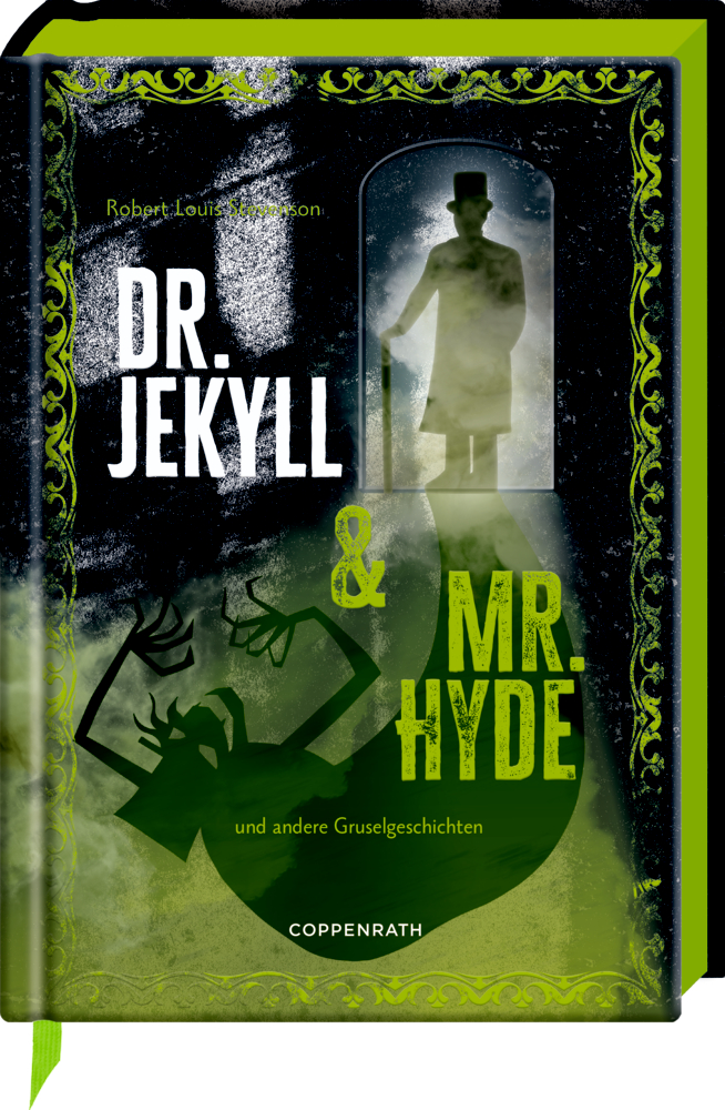 Große Schmuckausgabe: R. L. Stevenson, Dr. Jekyll & Mr. Hyde Auf dem Cover von "Dr. Jekyll & Mr. Hyde" ist eine schattenhafte Gestalt in einem Türrahmen abgebildet und diese wirft eine monströse Silhouette nach unten.