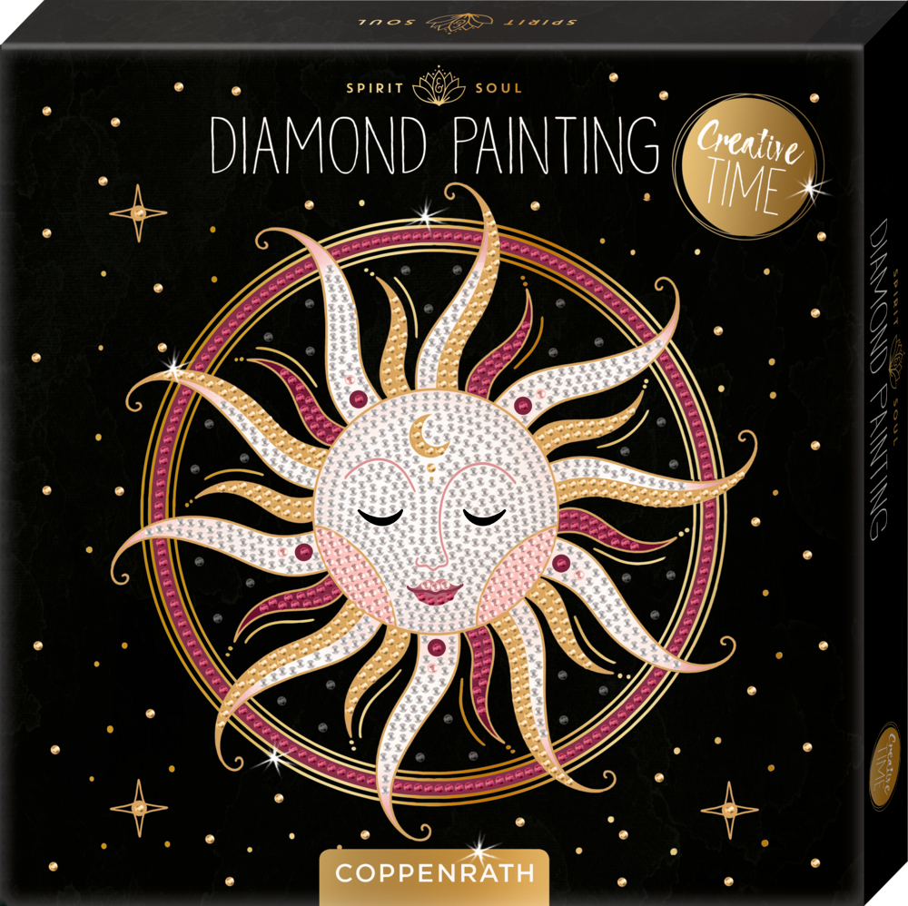 Diamond Painting - Spirit & Soul (Creative Time) Verpackung des Diamond Painting-Sets mit einer Sonne mit ruhigem Gesicht, gefertigt aus funkelnden, diamantähnlichen Steinchen auf schwarzem Hintergrund.