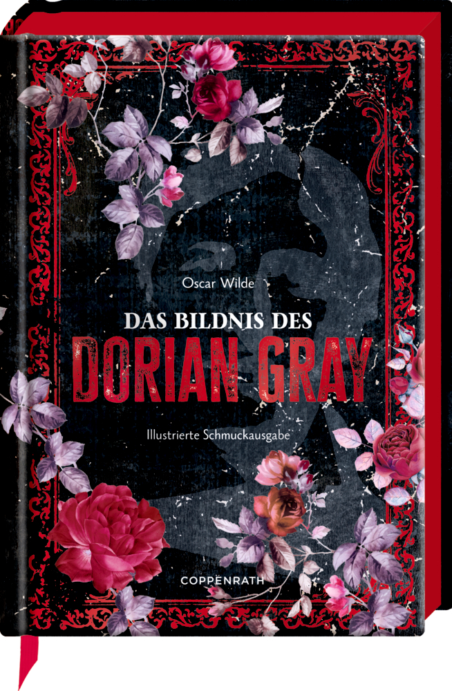 Große Schmuckausgabe: Oscar Wilde, Das Bildnis des Dorian Gray Schwarz und rot gestaltetes Buchcover mit floralen Motiven.