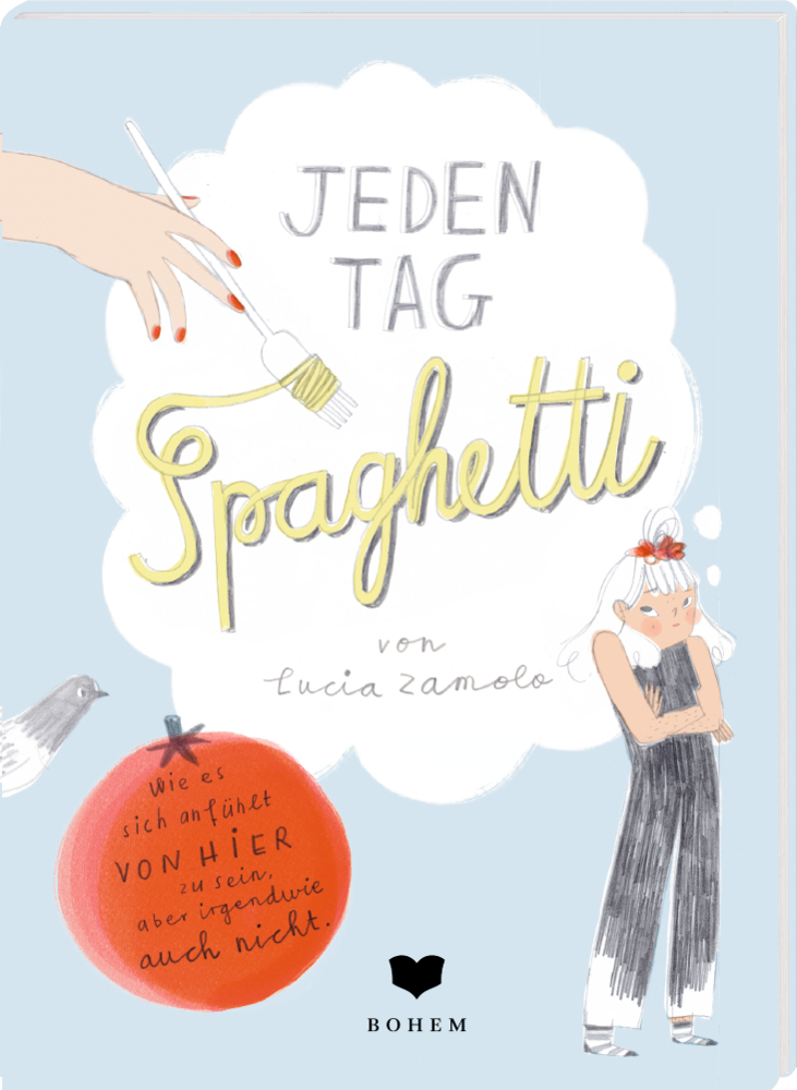 Jeden Tag Spaghetti - Wie es sich anfühlt von hier zu sein, aber irgendwie auch nicht Buchcover: Frau im gestreiften Kleid, Gabel mit Spaghetti, Titel „Jeden Tag Spaghetti“.