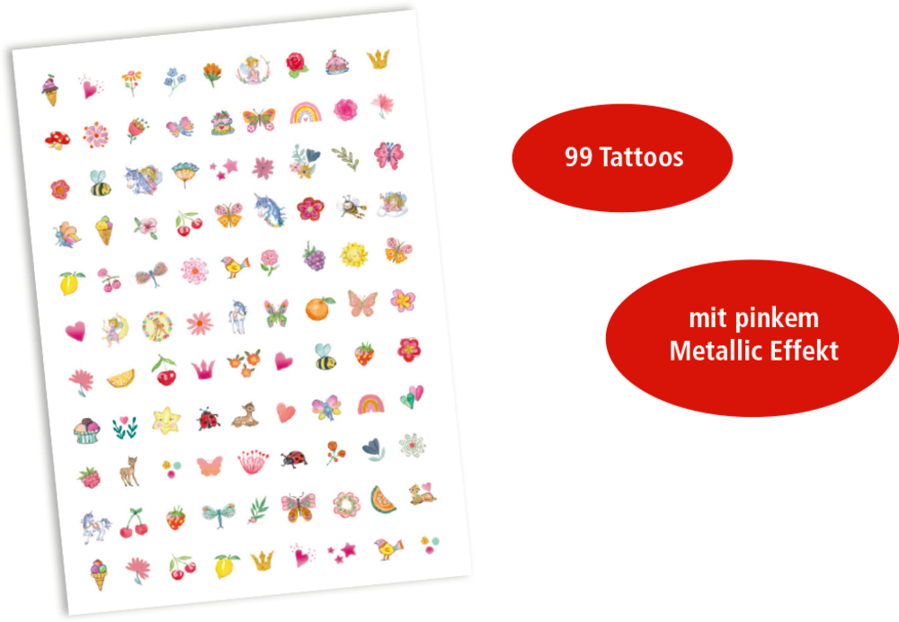 Bogen mit 99 farbenfrohen Fingernagel-Tattoos – Blumen, Herzen und Schmetterlinge – mit einem glänzenden rosa Metallic-Effekt.