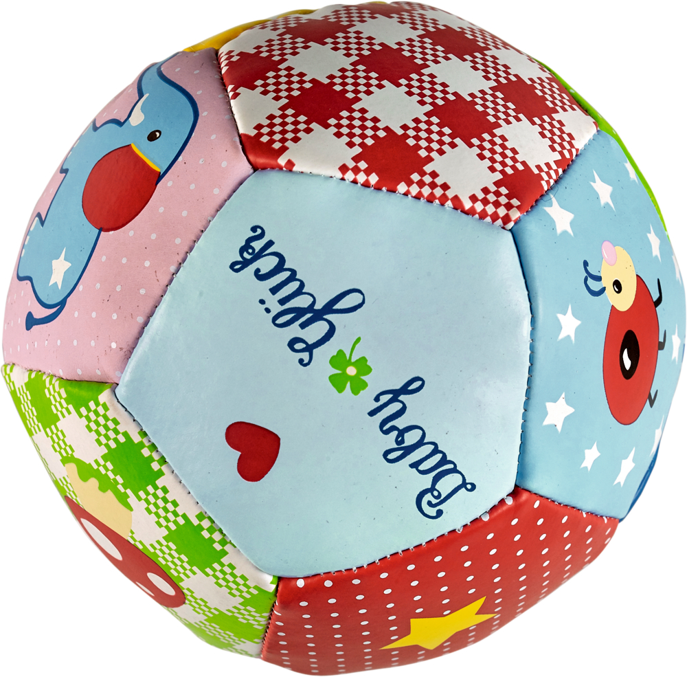 Softball BabyGlück Bunter weicher Patchworkball mit Cartoon-Tieren und dem auf einer Seite aufgedruckten Text „Babyplüsch“.