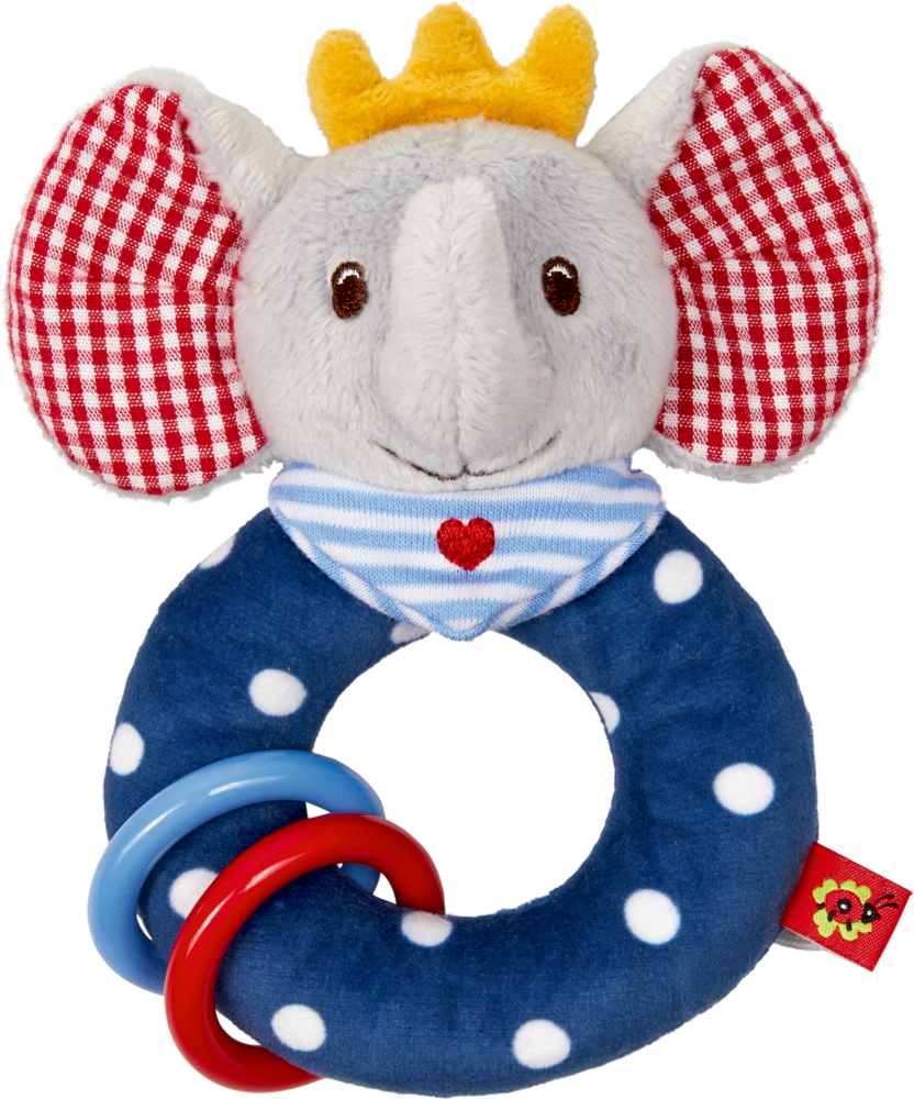 Ringrassel mit Klapperringen Elefant BabyGlück Plüsch-Elefantenrassel mit roten Gingham-Ohren, gelber Krone, blauem Ring mit Punkten und zwei bunten Ringen.