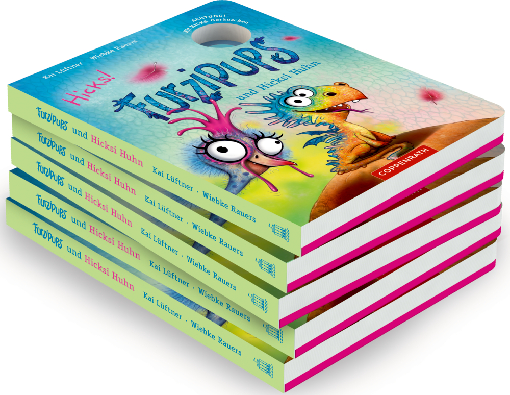 Stapel bunter Kinderbücher mit dem Titel „Furzipups und Hicksi Huhn“ mit einem Comic-Vogel und einem Drachen auf dem Cover.