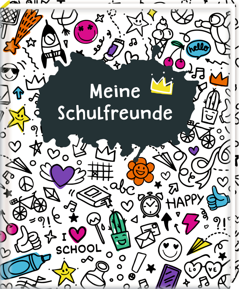 Freundebuch: Meine Schulfreunde Notizbucheinband mit Kritzeleien, Sternen, Herzen; Schriftzug: „Meine Schulfreunde“.