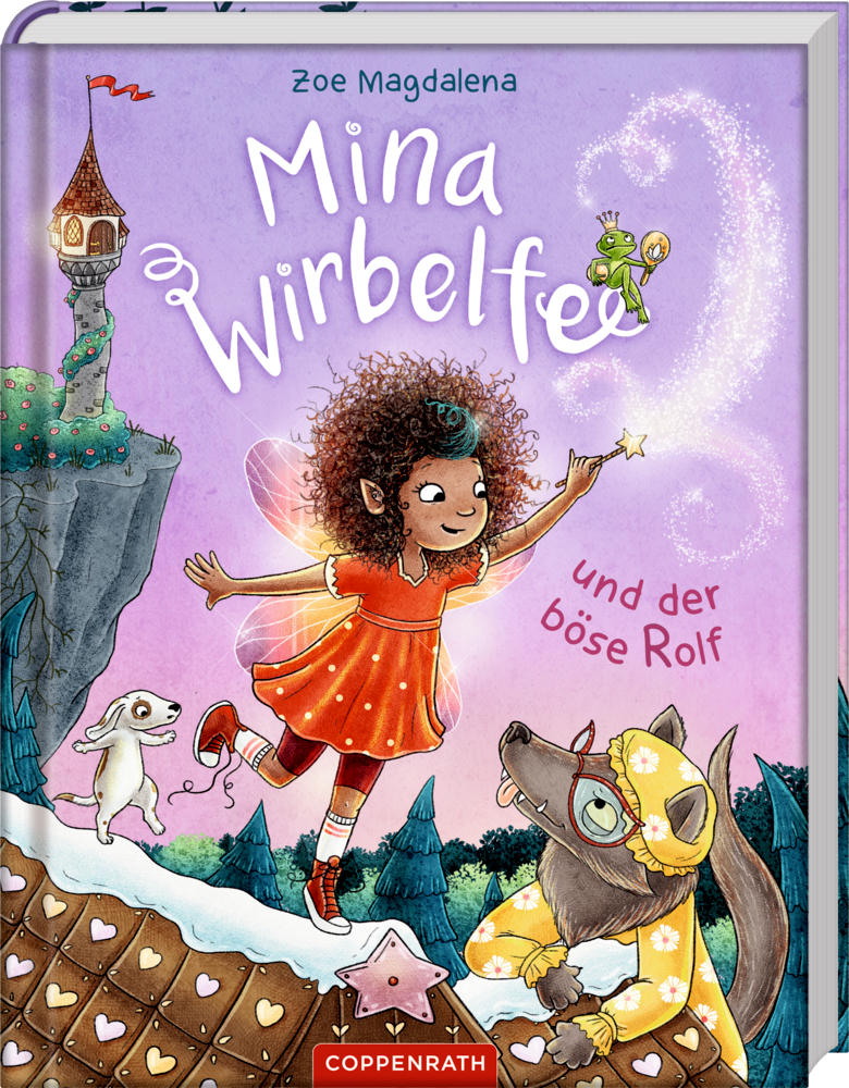 Ein Feenmädchen mit Locken zaubert neben Maus, Wolf und Frosch an einem Turm in einer magischen Szene, auf dem Cover von "Mina Wirbelfee und der böse Rolf".