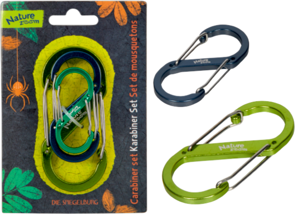 S-Karabiner Set - Nature Zoom Drei ovale Karabiner (blau, grün, blaugrün) auf einer Nature Zoom-Blisterpackung, zwei weitere sind separat abgebildet.