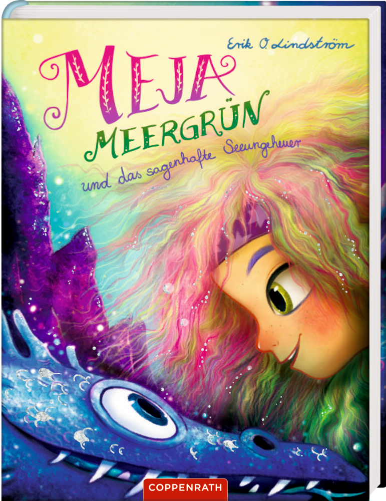 Meja Meergrün (Bd. 4) Farbenfrohes Cover: lächelndes Mädchen mit welligem Haar neben einem blauen Meerestier, Titel angezeigt.