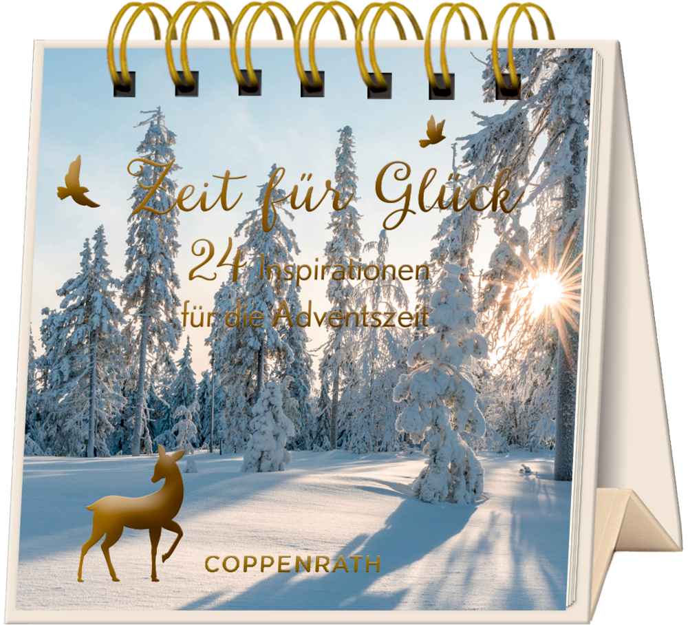 Aufgestellter Adventskalender mit Spiralbindung, verschneiten Bäumen, goldenem Text, Vögeln und einem Hirsch.