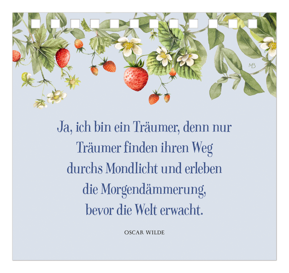 Erdbeeren und Blätter oben, darunter ein Zitat. Blauer Hintergrund.