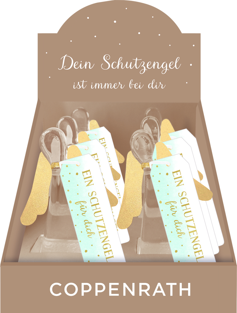 Engelsfiguren aus Glas mit goldenen Flügeln in Displaybox, jeweils beschriftet mit „Ein Schutzengel für dich“.