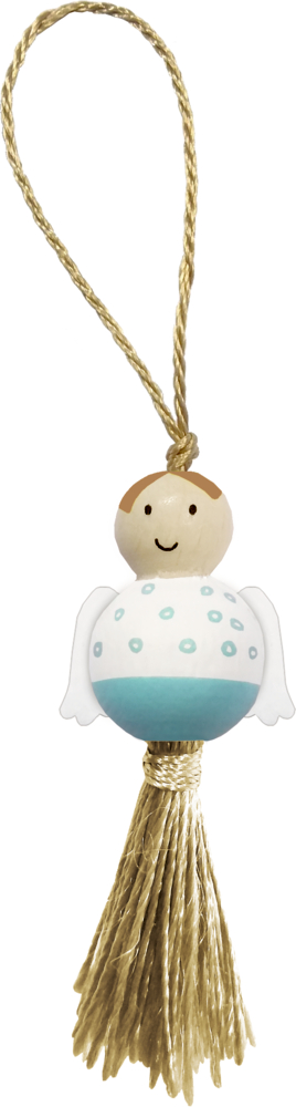 Engelsornament mit rundem Körper, Flügeln und goldener Quaste, an einer goldenen Schnur hängend.