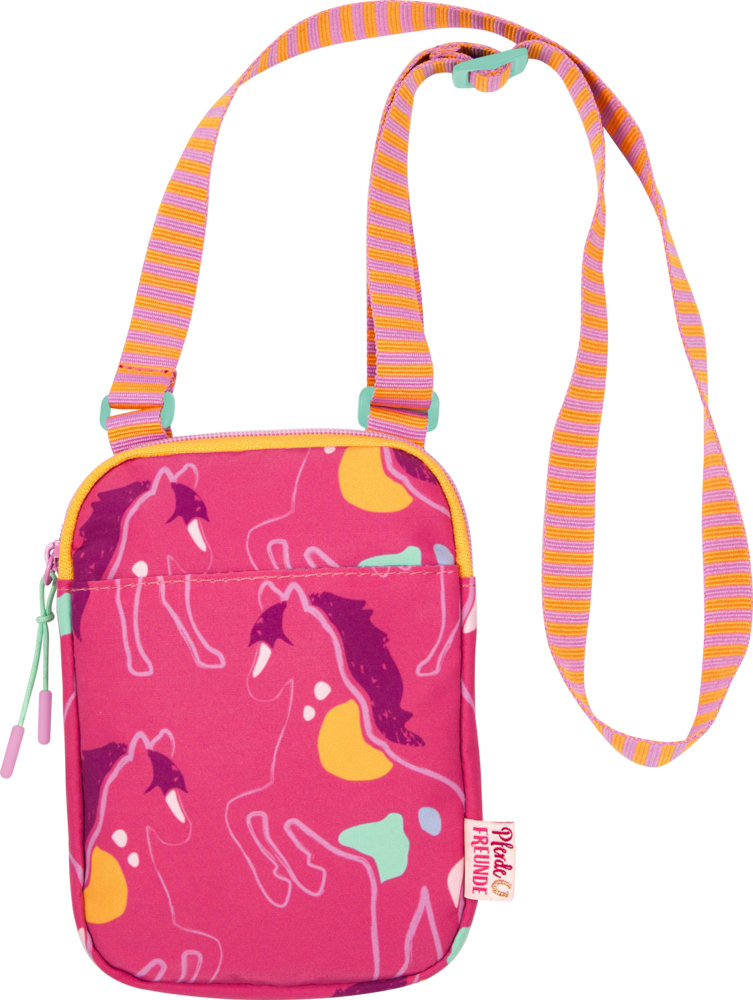 Kleine pinke Umhängetasche mit lila Pferdemotiv und verstellbarem orange gestreiftem Träger.