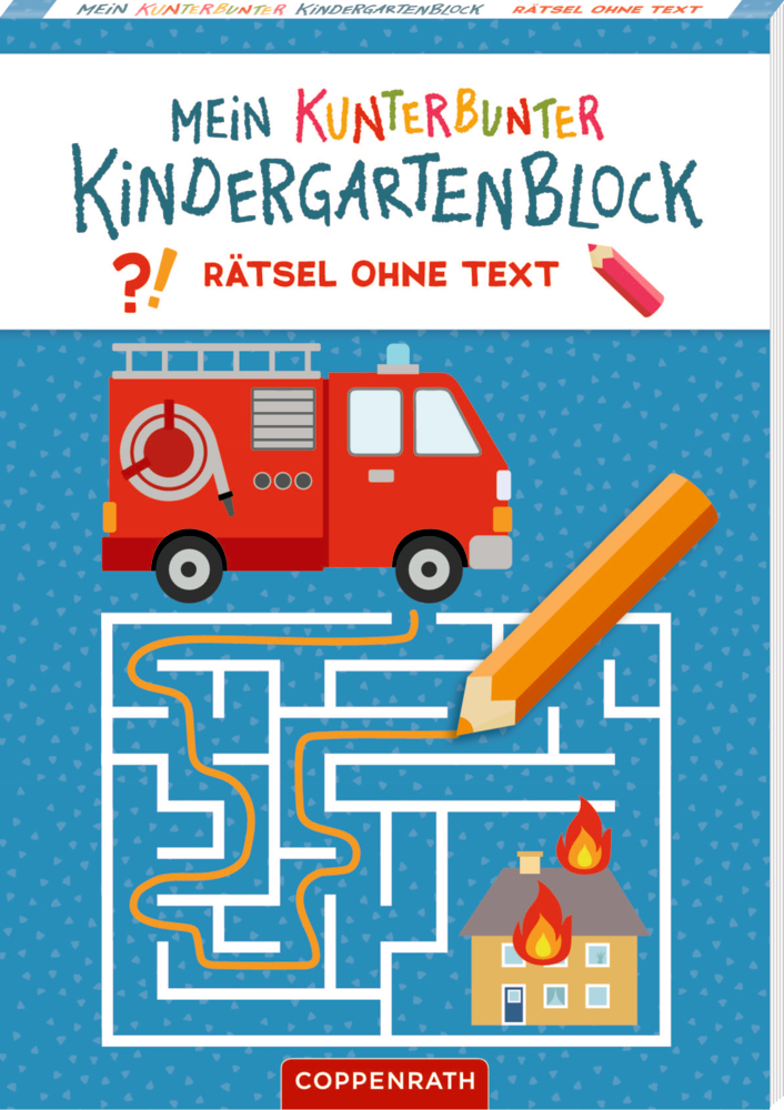 Feuerwehrauto, Stift und brennendes Haus mit Labyrinth auf blauem Cover: Mein kunterbunter Kindergartenblock.