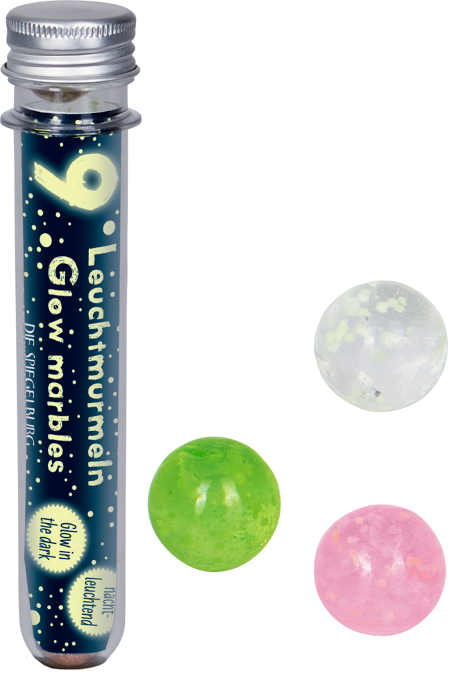Leuchtmurmeln Bunte Geschenke (Nachtleuchtend) Leuchtmurmelröhre mit drei Murmeln: grün, rosa und durchsichtig, außerhalb der Röhre ausgestellt.