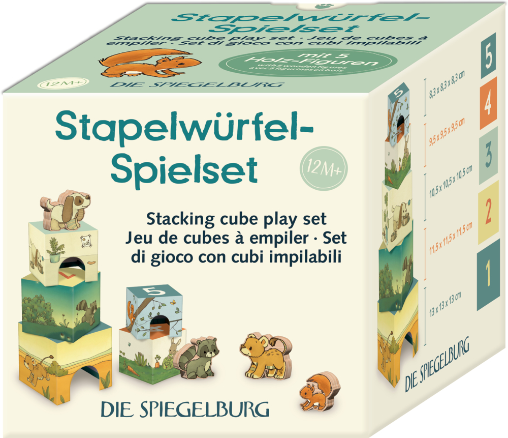 Verpackung eines Stapelwürfel-Spielsets mit illustrierten Tiermotiven und Abbildungen gestapelter Würfel in verschiedenen Größen.