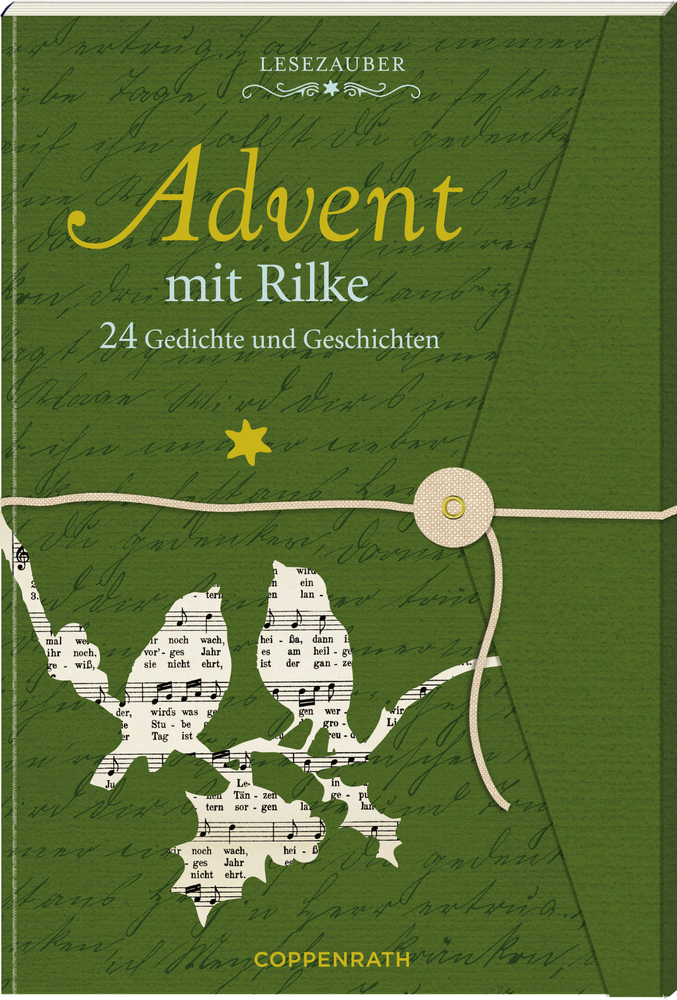 Grüner Bucheinband: „Advent mit Rilke“ in dekorativem Text, mit Schnurakzent und ausgeschnittenem Blattdesign.