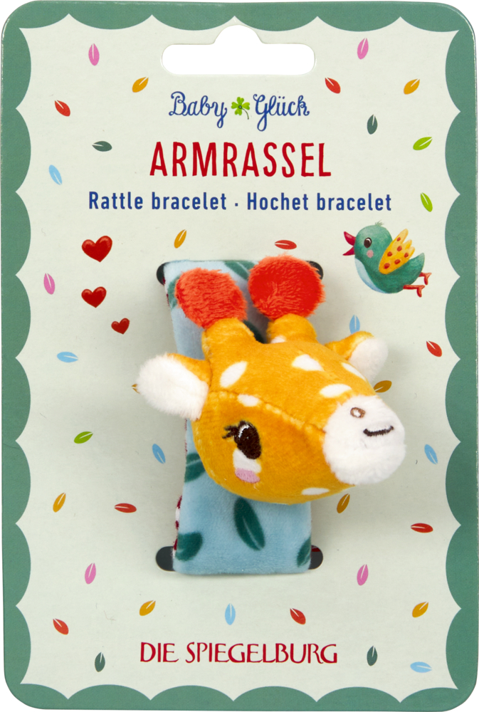 Baby Rasselarmband mit Plüsch-Giraffenkopf auf bunter Verpackung.