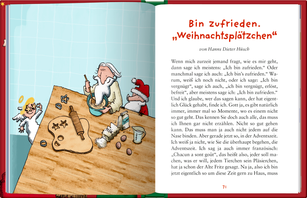 Der Weihnachtsmann, ein Engelchen und eine weitere Person backen Kekse in einer Küche, mit Teig und Ausstechformen auf dem Tisch.