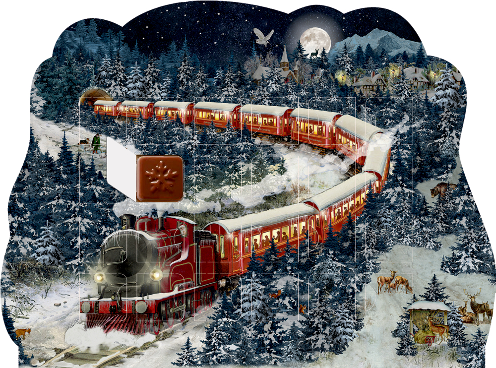 Weihnachtsexpress, Konturgestanzter Schoko-Adventskalender (Behr) Ein roter Zug schlängelt sich durch einen verschneiten Wald mit Rehen; im Hintergrund liegt ein mondbeschienenes Dorf.