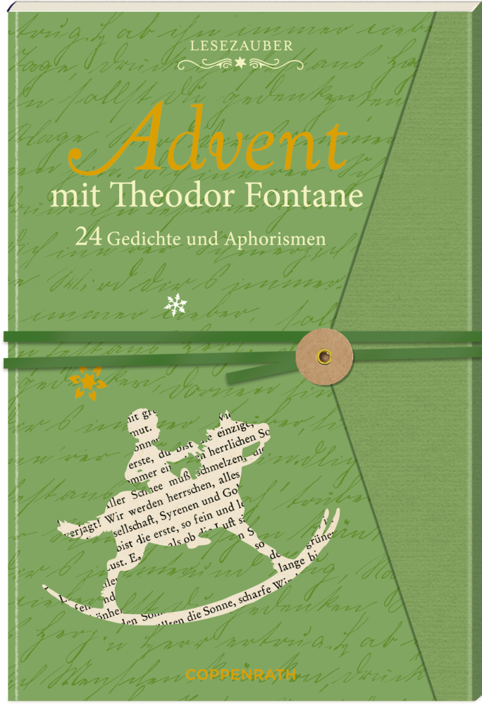 Grüner Einband mit „Advent mit Theodor Fontane“, einem Schaukelpferd aus Papier und dekorativer Schrift.