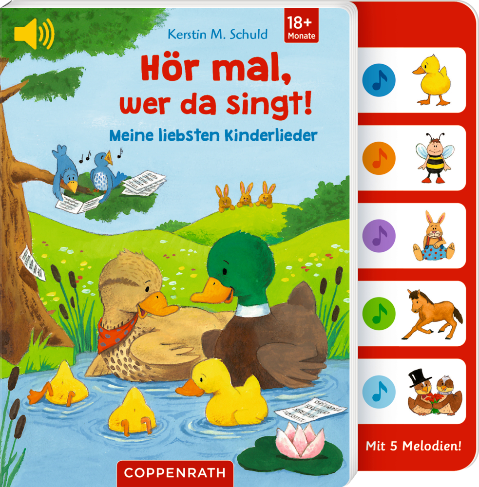 Hör mal, wer da singt! (Soundbuch) Buchcover mit illustrierten Enden an einem Teich. Rechts erscheinen Musikknöpfe mit Tierbildern.