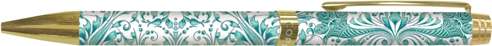 Kugelschreiber mit ornamentalem Muster in Türkis und Weiß auf dem Schaft, goldenem Clip und goldene Spitze.