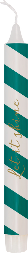 Weiß-grün gestreifte Kerze mit der Aufschrift „Let it shine“ in goldener Schreibschrift.