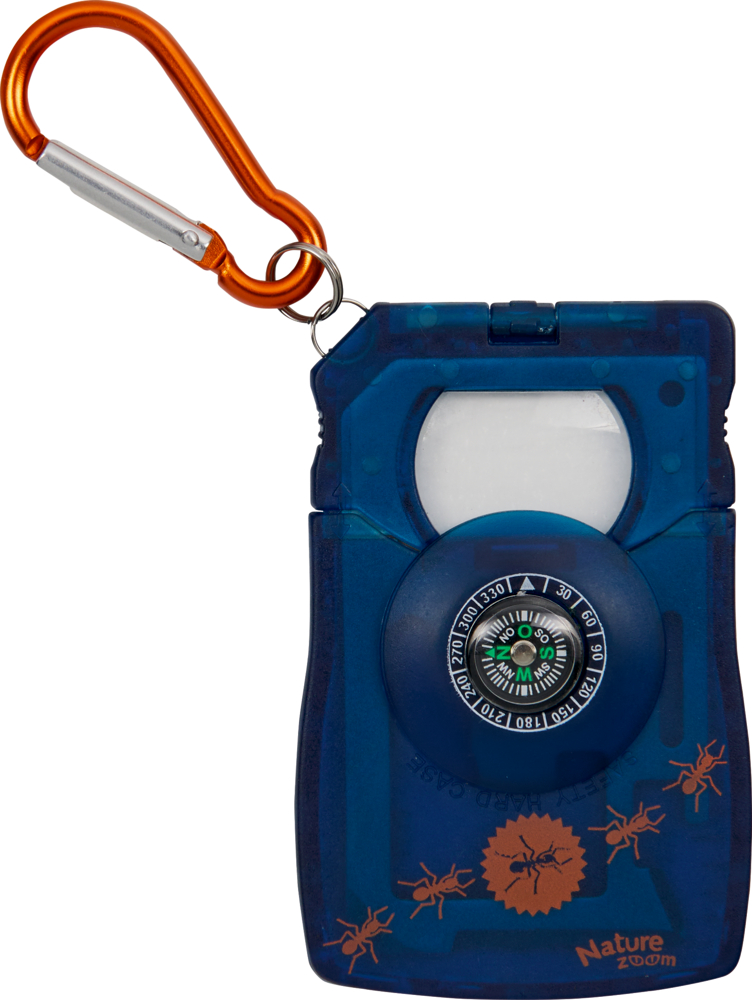 Blaue Multitool-Karte mit Kompass und orangefarbenem Karabiner.