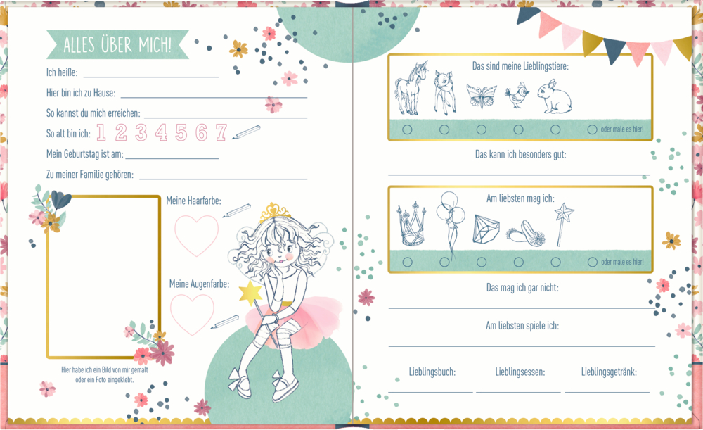 Doppelseitige Innenansicht mit Zeichnungen, Lückentextfragen und Prinzessin Lillifee Illustrationen.