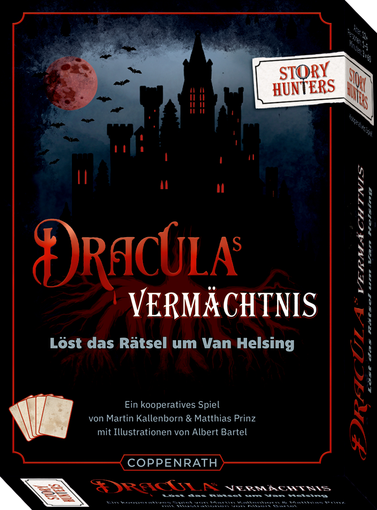 Story Hunters: Draculas Vermächtnis Spielschachtel zu Draculas Vermächtnis mit dunklem Schloss, Fledermäusen und rotem Mond im Hintergrund.