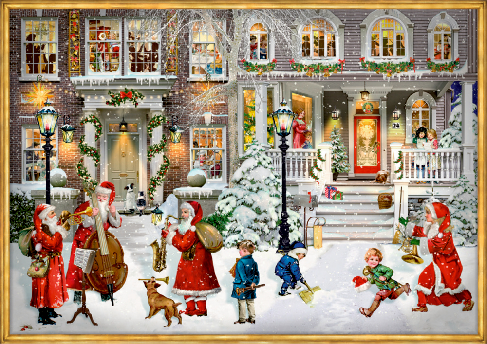 Der Weihnachtsmann und Kinder spielen Musik und schaufeln Schnee vor einer geschmückten Häuserfassade.