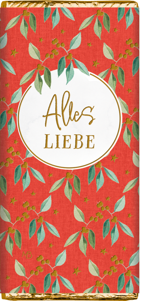 Rote Schokoladentafelverpackung mit Blattdesign, goldener Text „Alles Liebe“ in einem weißen Kreis auf der Vorderseite.