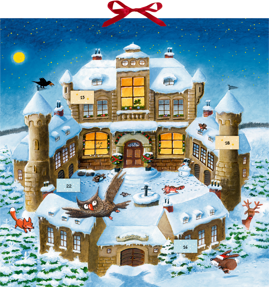 Zettel-Adventskalender mit beispielhaft eingesteckten Zetteln: Schneebedecktes Schloss mit leuchtenden Fenstern, Tieren im Schnee.