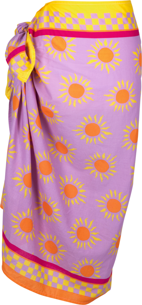 Pareo/Wickeltuch - I love Summer (ca.100x170 cm) Lila Wickeltuch mit gelben und orangefarbenen Sonnenmustern, gelb kariertem Besatz und in der Taille gebunden.