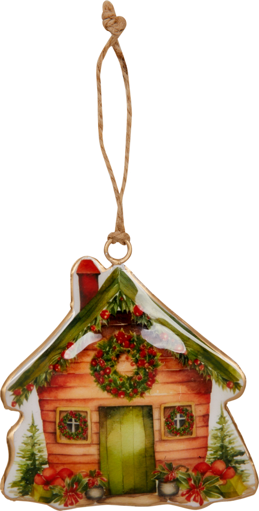 Weihnachtsschmuck in Hausform, geschmückt mit Kränzen, Grünpflanzen und einer Aufhängeschlaufe.